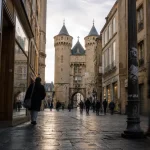 Metz Serpenoise : porte Serpenoise au bout de la rue, passants et vitrines