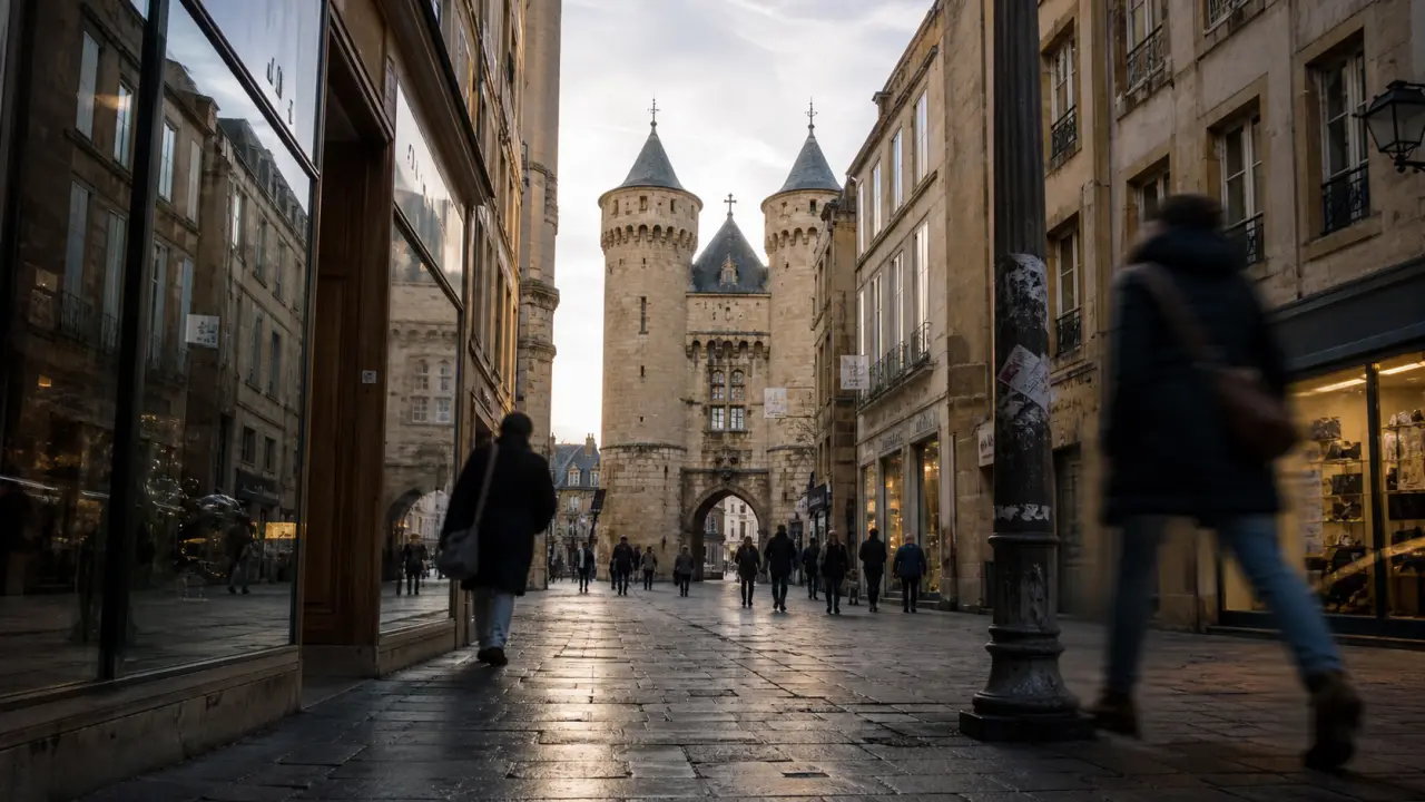 Metz Serpenoise : porte Serpenoise au bout de la rue, passants et vitrines