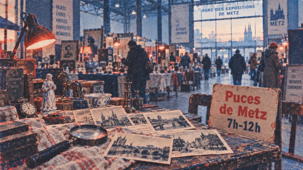 Brocante Metz Expo : hall couvert, table de cartes postales au petit matin