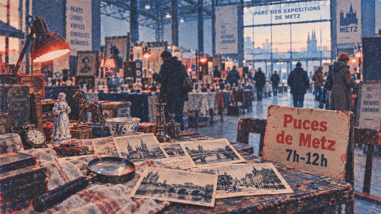 Brocante Metz Expo : hall couvert, table de cartes postales au petit matin