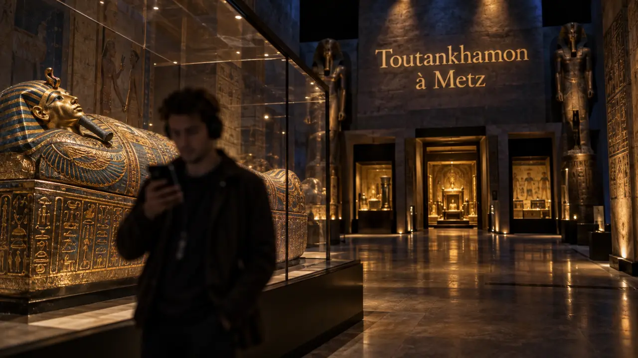 Expo pharaon Metz : réplique du sarcophage de Toutankhamon, vitrine verre