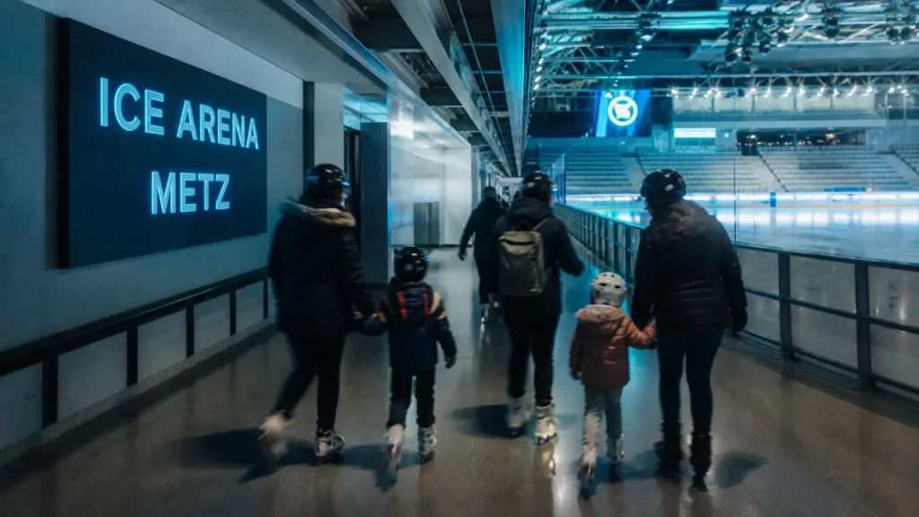 Ice Arena Metz : patinoire 1500 m², entrée avec familles et piste