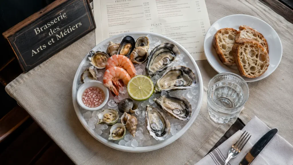 Restaurant arts et métiers metz : fruits de mer près de la gare, huîtres et crevettes sur glace