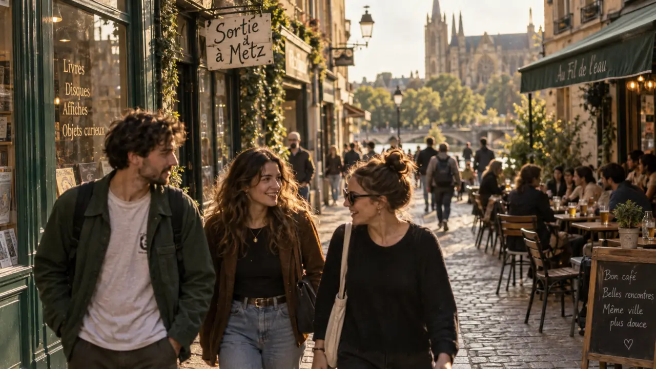 Sortir a Metz : amis en balade, cathédrale Saint-Étienne au fond