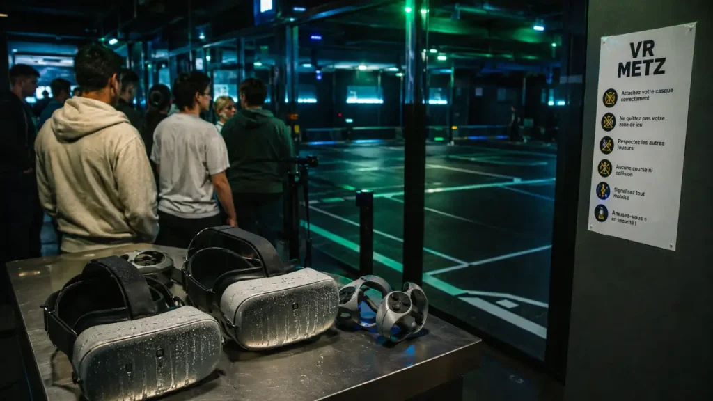 File de joueurs en salle VR Metz à Metz, casques et manettes