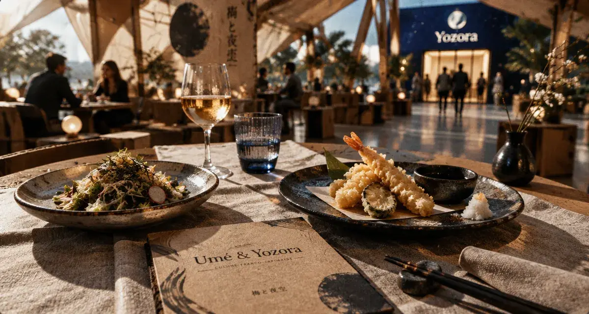 Restaurant du centre Pompidou Metz : table Umé & Yozora sous chapiteau, salade nippone et tempura