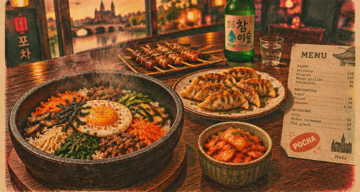 Restaurant pocha Metz : bibimbap fumant, mandu grillés et kimchi